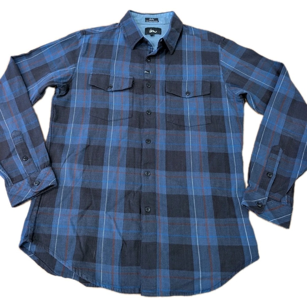 Imperial Motion Mens Small Button Up Flannel Shirt Blue Plaid IM Surf Skate Chil